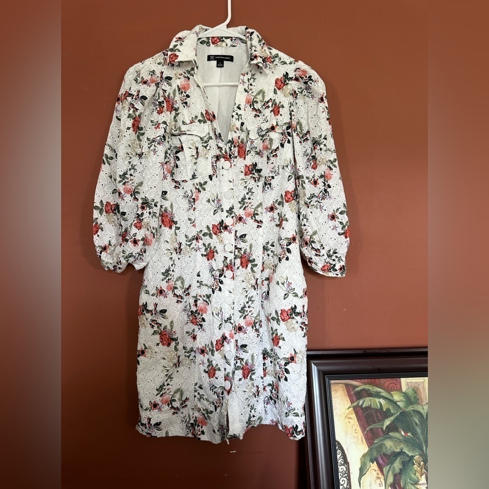 🤗INC White Floral Puff-Sleeve Shirt Dress size 2